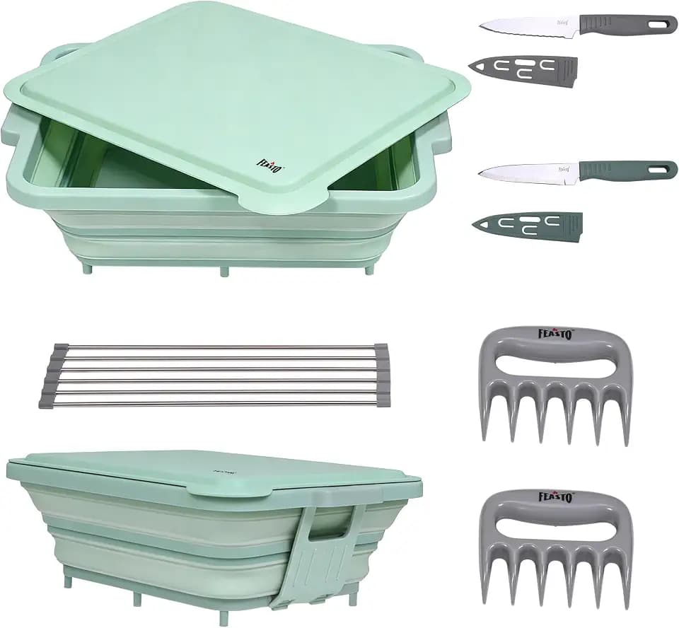 FEASTO Collapsible BBQ Prep Tubs with Cutting Board, 9-IN-1, 2 Tubs, Black & Green (Green)