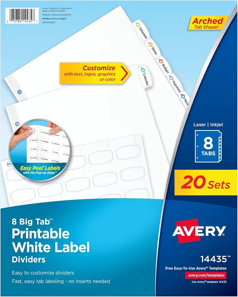 Avery® Big Tab™ Printable Label Dividers, 8-Tab, White, 120 Sets