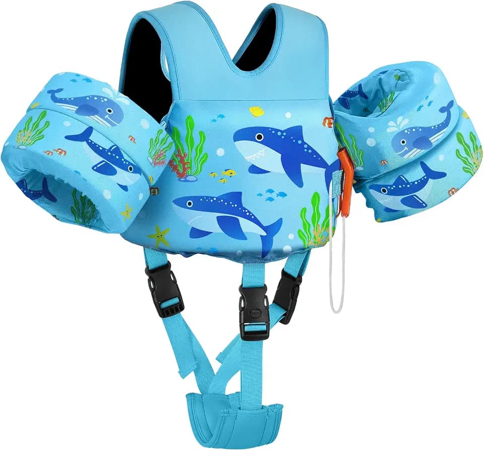 MoKo Toddler Swim Vest for 15-30-50-66 lbs, Boys Girls Swim Puddle Arm Floaties Cartoon Swimming Water Wings with Crotch Strap, Pool Floats Jacket Sleeves Shoulder Straps Arm Band for Toddler