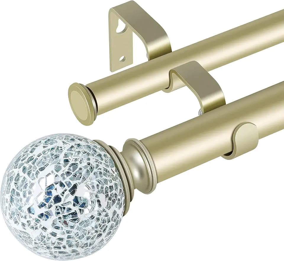 1 inch Double Window Curtain Rod with Mosaic Round Finial,72-144 inch,Champagne Gold