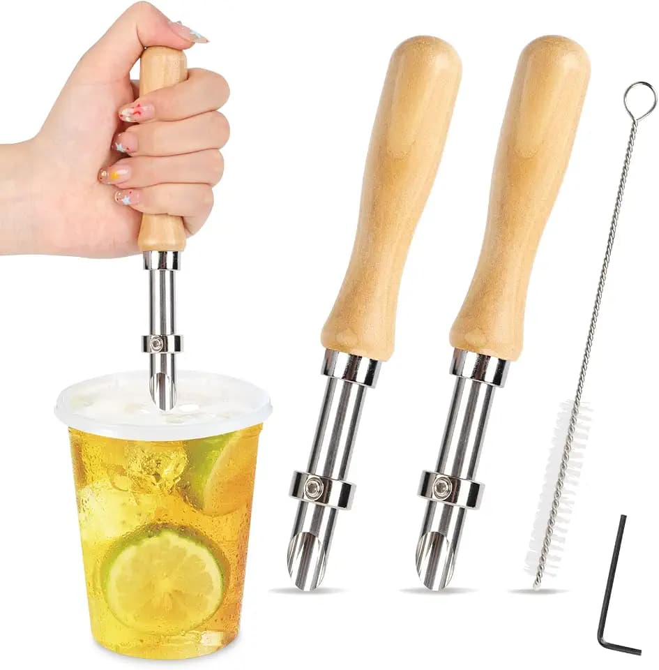 2 Pcs Straw Puncher for Plastic Lids Lemonade Cups Stainless Steel Circular Hole Wooden Handle Straw Puncher for Fresh Squeezed Lemonade Cafe Drinks