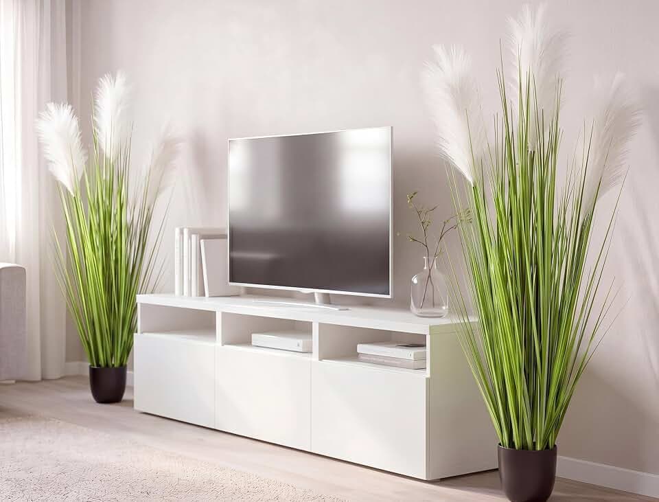 Jexine 2 Pcs 4 ft Artificial Tall Grass Plants for Outdoor Faux Tall Grasses Plant with Reed Flowers Potted Fake Greenery Plants for Housewarming Gift House Garden Lobby Outdoor Decoration (White)