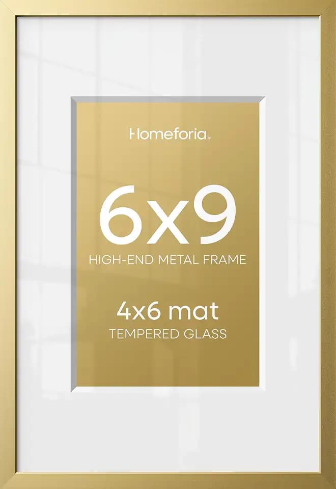 Homeforia 6x9 Gold Picture Frame, High-End Metal, 4x6 Mat, Glass