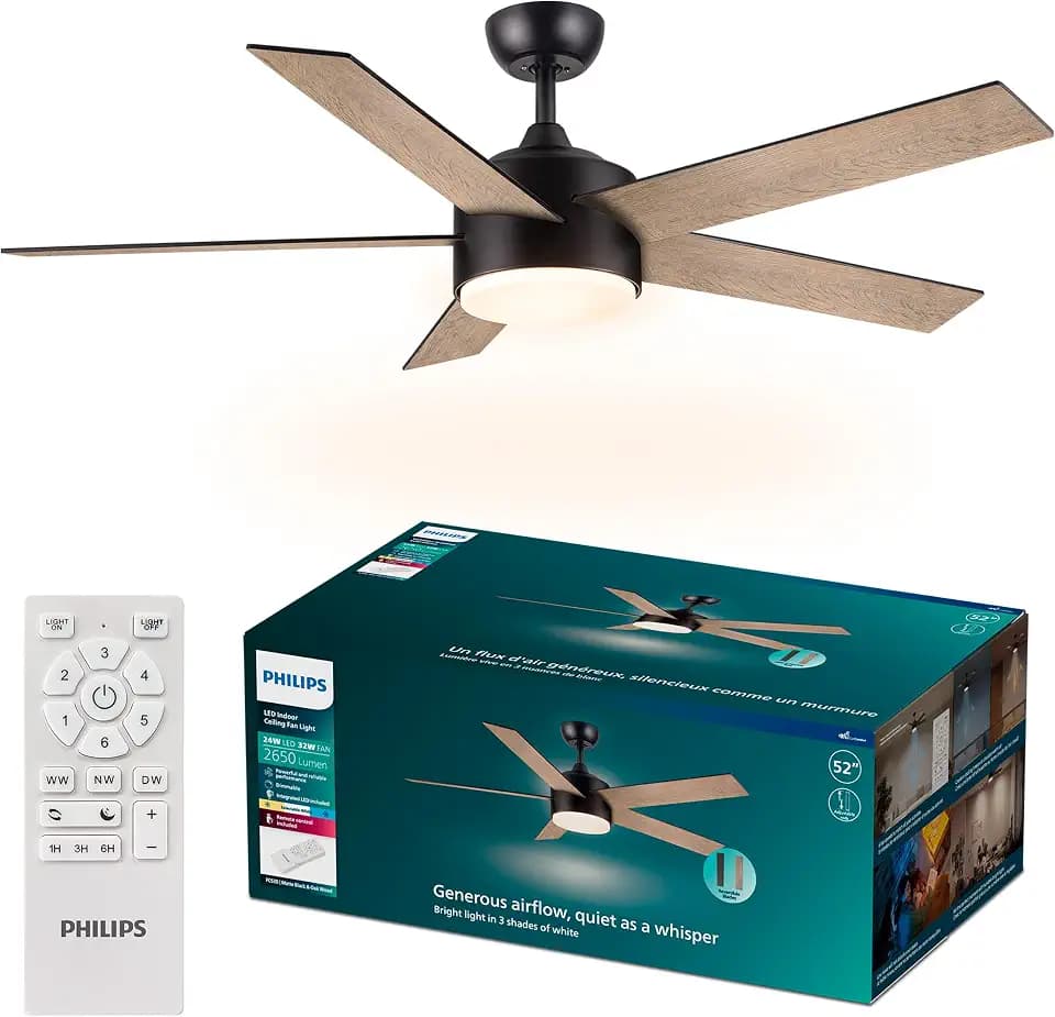 Philips Indoor Ceiling Fan, Light, with Bright LED, 2650 lm, 5 Blades, 5400 CFM, 6 Speeds, 2 Airflow Modes, Selectable White Light, Dimmable, Reversible Blades