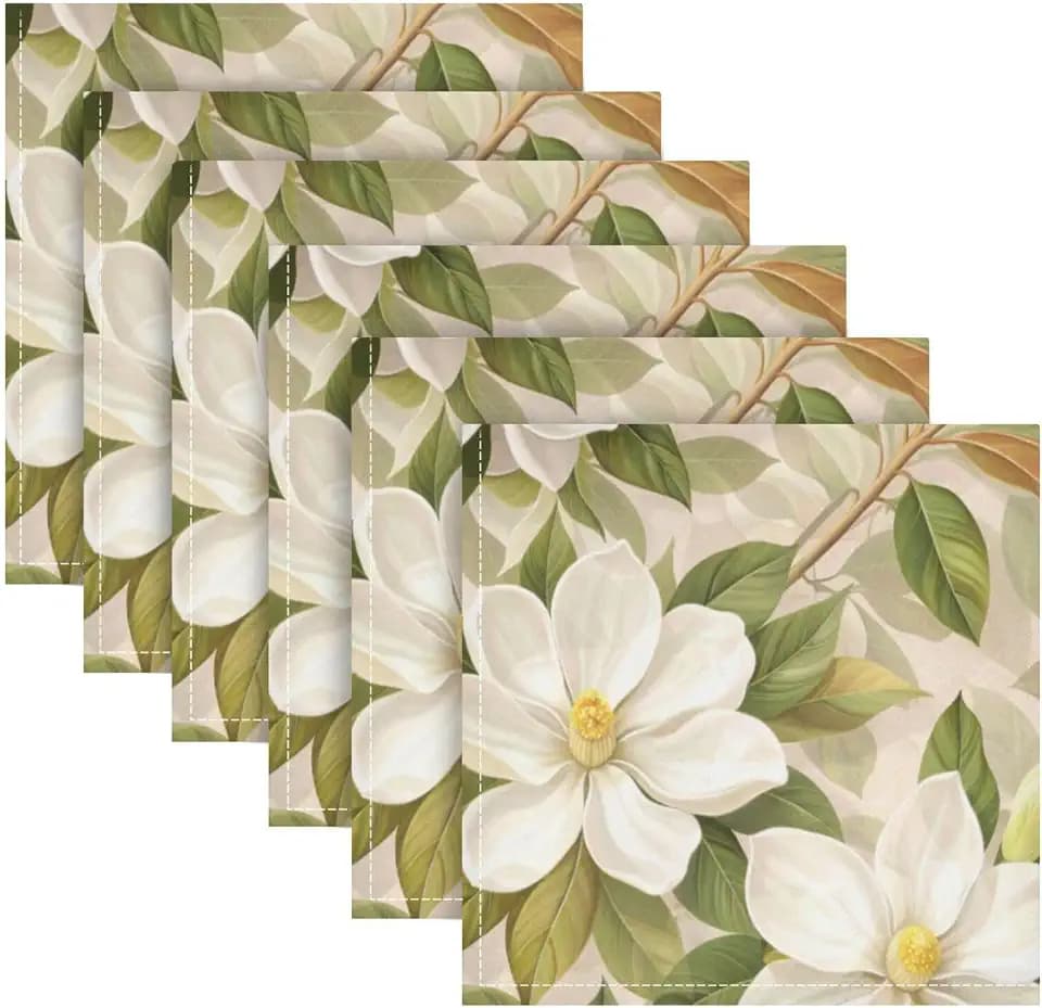 White Magnolia Flowers Cloth Napkins Dinner Napkin Set of 6 for Kitchen Parties Weddings Cocktail Christmas Halloween Thanksgiving Festivals