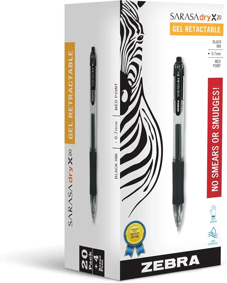 Zebra Pen SARASA X20 Retractable Gel Pen, Black, Blue, Red, 0.7mm, 24-Pk