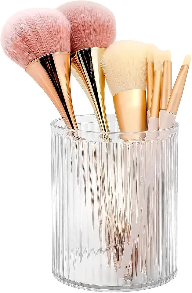 DASITON Makeup Brush Holder Organizer, Acrylic Makeup Brush Cup, Vintage Striped Make Up Brush Holder for Vanity, Bathroom Countertop, Toothbrush Holders, Pen Holder for Desk Storage (Clear)