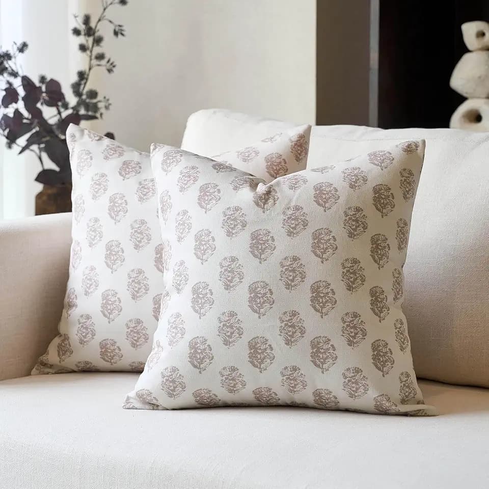 DOMVITUS Set of 2 Floral Pillow Covers 20x20, Block Print Pillow Covers Vintage Neutral Decorative Farmhouse Throw Pillow Covers for Couch Bed Living Room Light Camel