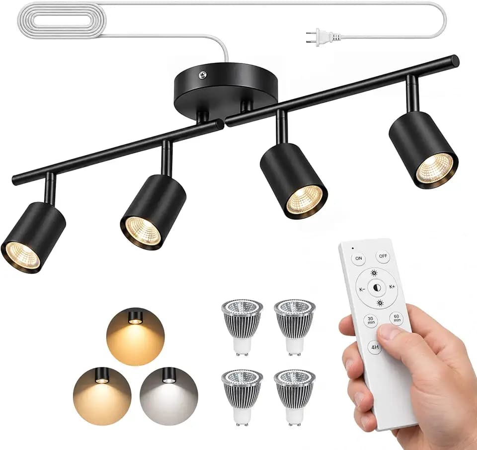 Gardenreet 4-Light Plug-in Track Lighting, Bulbs Included, Remote, Black