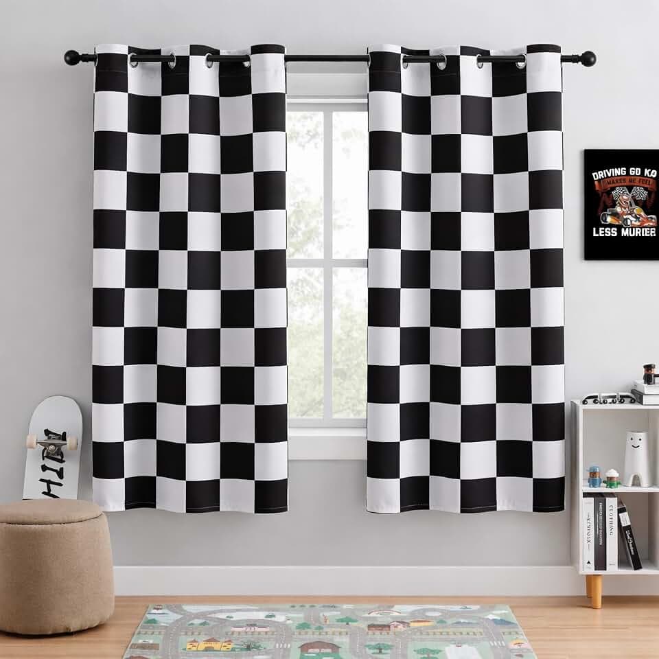 100% Blackout Curtains – Black and White Checkered Race Flag Pattern, 2 Panels, Each W42×L72, Thermal Insulated, Nosie Reducing for Bedroom, Living Room, Race car Drapes