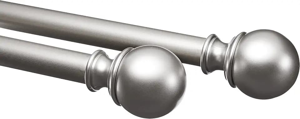 Amazon Basics Easy Installation Adjustable Curtain Rod for Windows with Round Finials, 1-Inch Rod, 72" to 144", Nickel, 2-Pack