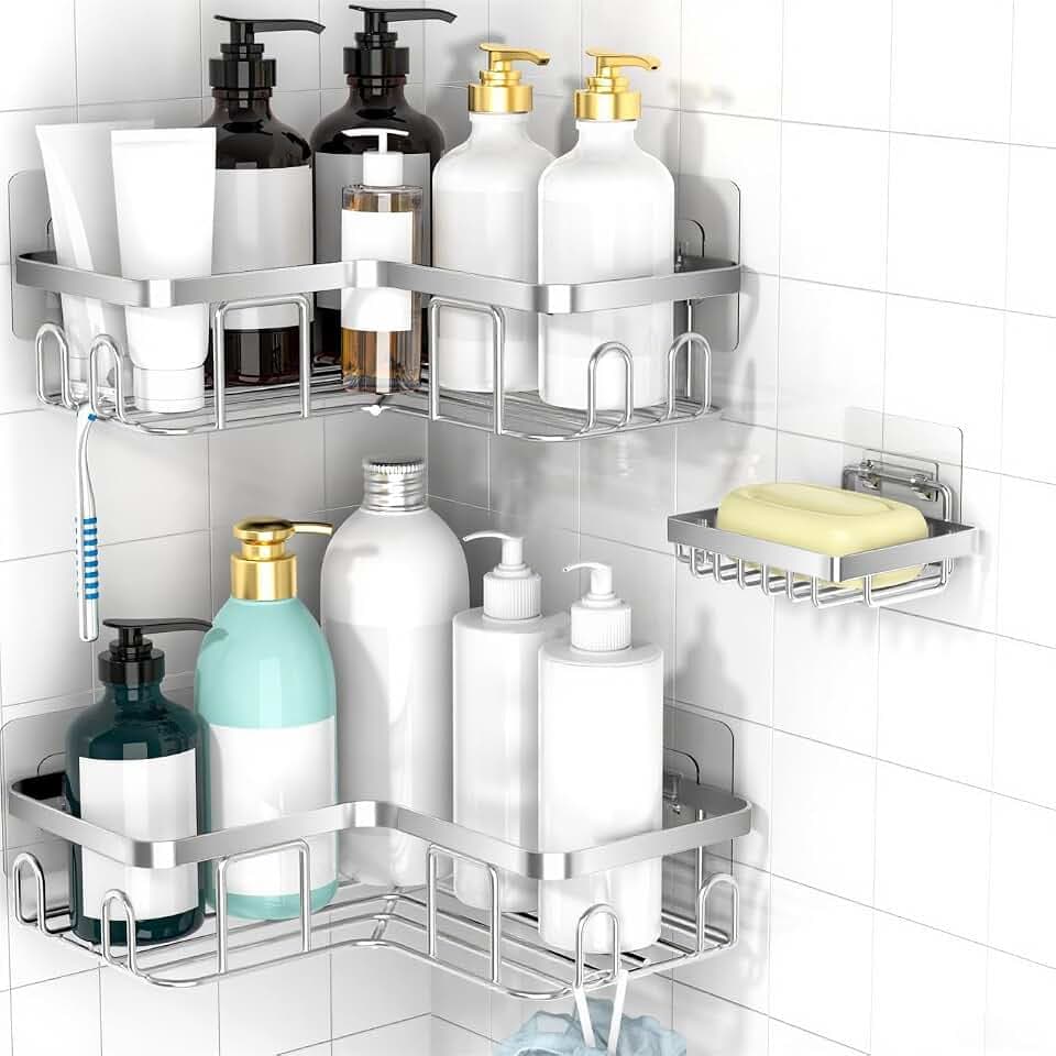 Moforoco Corner Shower Caddy Shelf Organizer Rack, Self Adhesive Black Bathroom Shelves Basket, Home Shower Inside Organization and Storage Decor Rv Accessories, First Apartment Essentials(Silver)