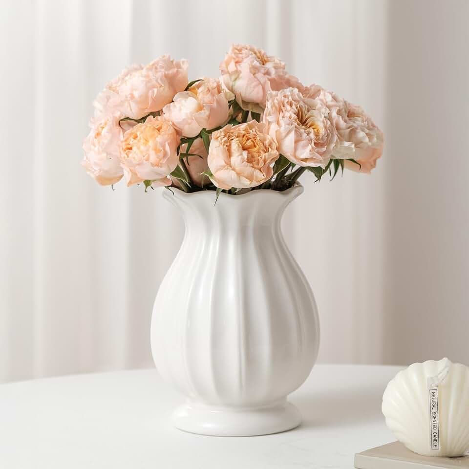 White Ceramic Vase, 7.8 Inch Flower Vase Home Decor Modern Decorative Vases