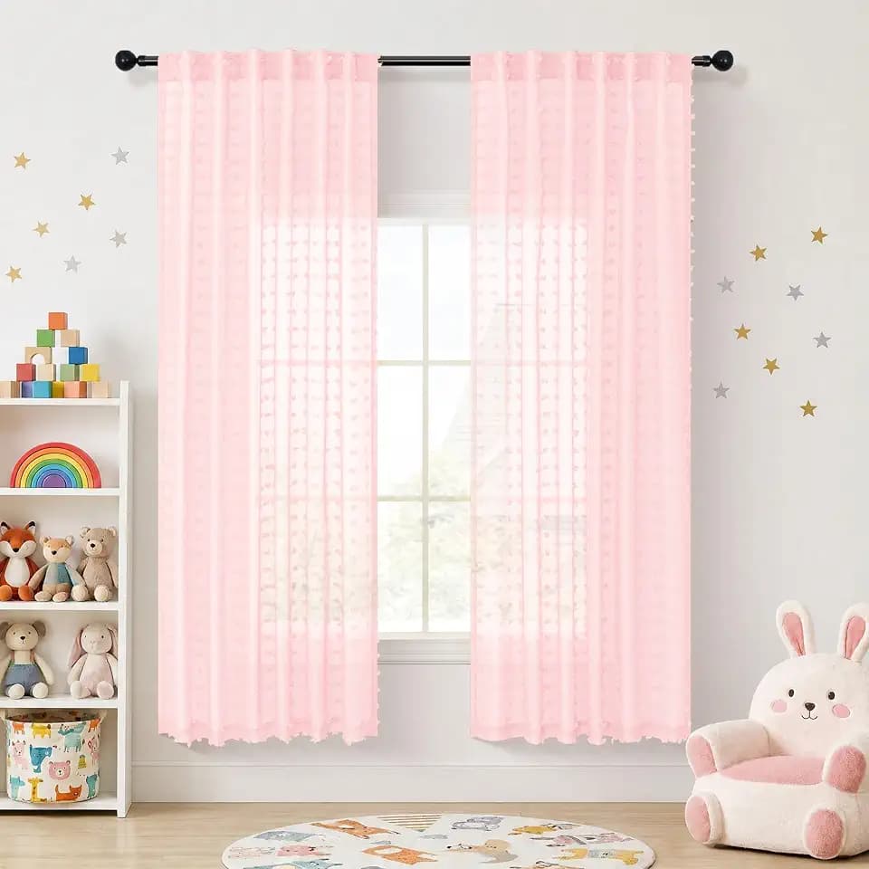 DANCURTON Light Pink Sheer Curtains 63 Inch Length for Girls Room Baby Nursery Semi Sheer Boho Farmhouse Pom Pom Kids Curtains for Bedroom Bed Canopy Blush Pink Voile Back Tab Window Drapes 2 Panels