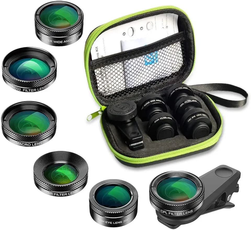 APEXEL 6 in 1 Handy-Objektiv-Kit, Super 205 ° Fischaugenobjektiv + 140 ° Weitwinkelobjektiv und 25x Makroobjektiv + Sternfilter + CPL/ND für iPhone Samsung und die meisten Smartphones Black