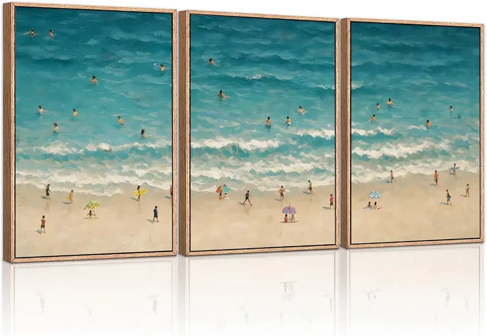HLNIUC Summer Beach Canvas Wall Art,Modern Minimalist Coastal Landscape Wall Decor Set of 3(16”x24”) Blue Abstract Ocean Painting, Summer Swimming in the Sea Art Print for Living Room,Bathroom