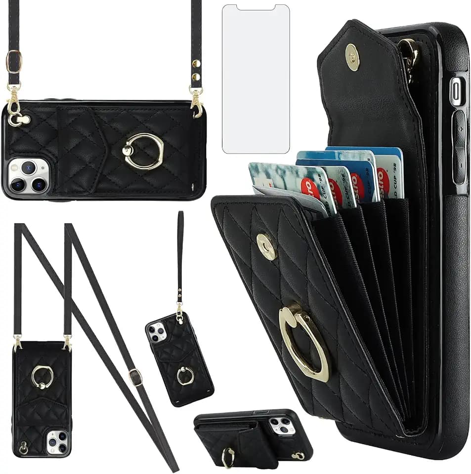 Asuwish Phone Case for iPhone 11 Pro Max 6.5 Wallet Cover with Tempered Glass Screen Protector and Crossbody Wrist Strap Ring RFID Blocking Card Holder Cell iPhone11 11pro Promax i XI Plus Women Black
