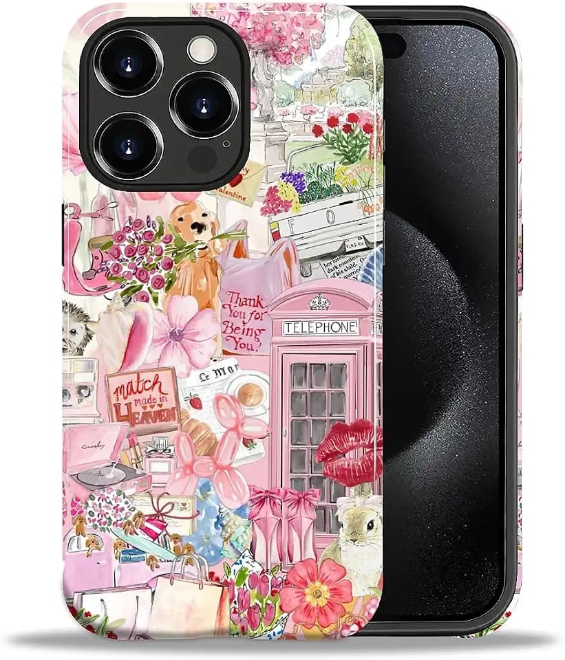 DAIZAG Case for iPhone 15 Pro Max,Mixed 2 Layer Design Shockproof Soft TPU Ddouble Protection Phone Case for iPhone 15 Pro Max-Cute Pink Animal Garden Collage