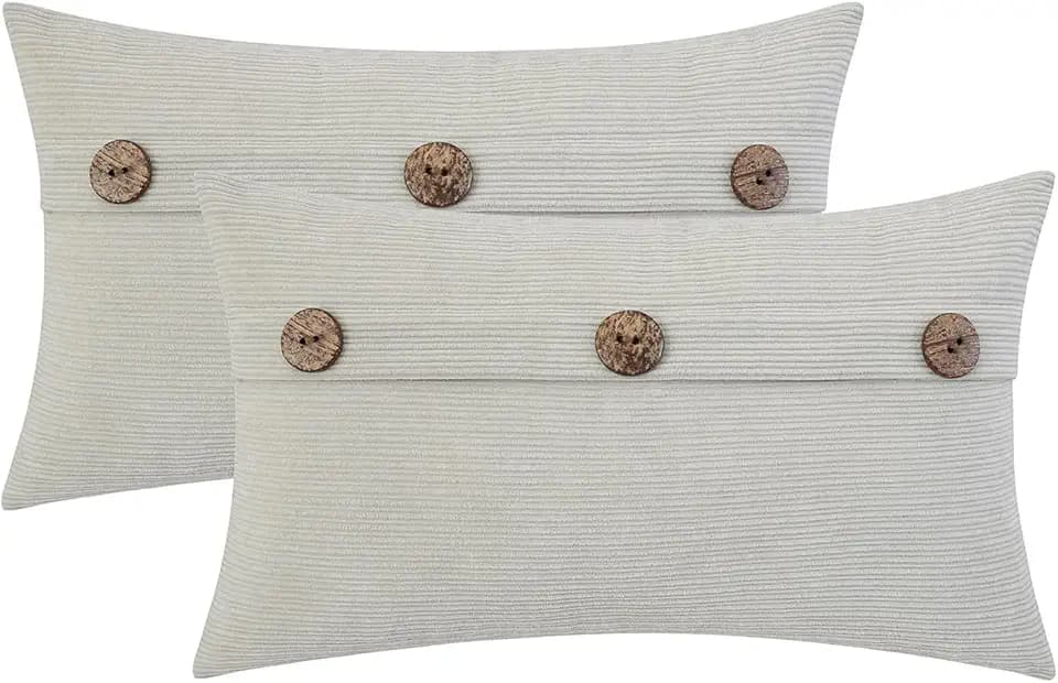 HWY 50 Light Grey Chenille Throw Pillow Covers 12x20 Inch Buttons Pack of 2