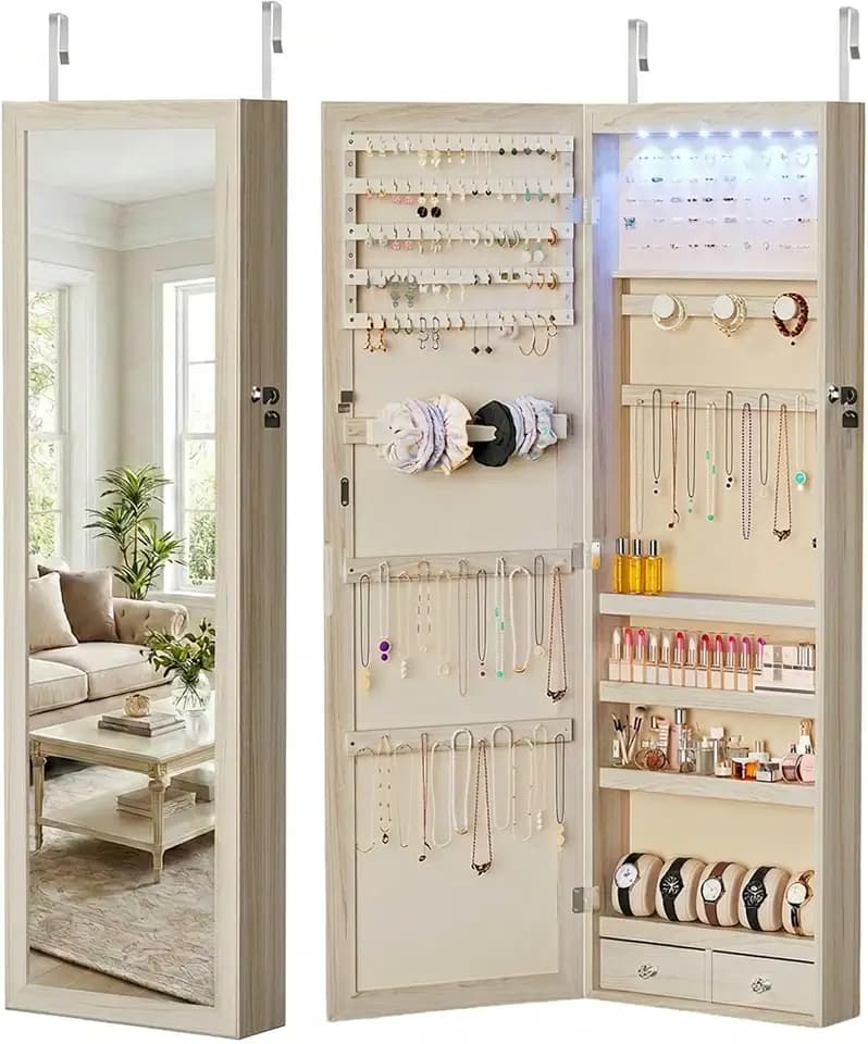 DUMOS 6 LEDs Mirror Jewelry Organizer Cabinet, Jewelry Armoire, 47.2 Inch
