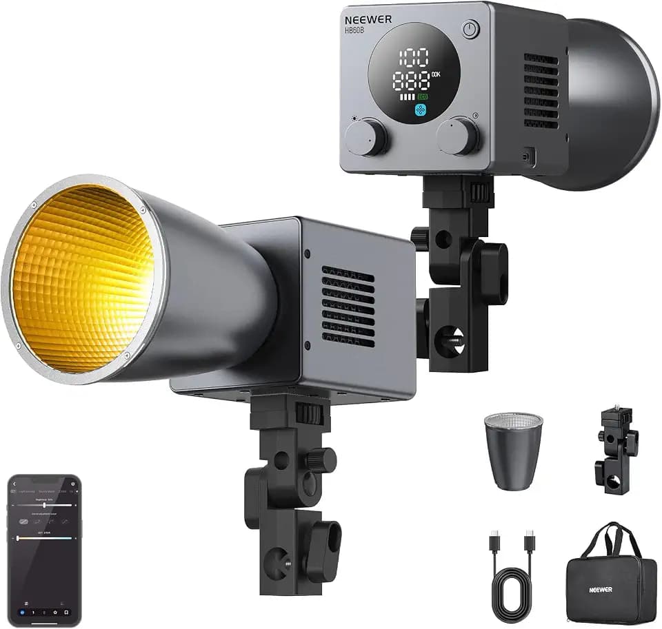 NEEWER 60W Mini LED Videoleuchte mit 50Wh Akku/100W PD Schnellladung, APP/2,4G Steuerung/NFC, zweifarbig dimmbare COB Studio Dauerlicht Quelle 44.800 Lux/1m 2700-6500K CRI97+ 12 Szenen, HB60B