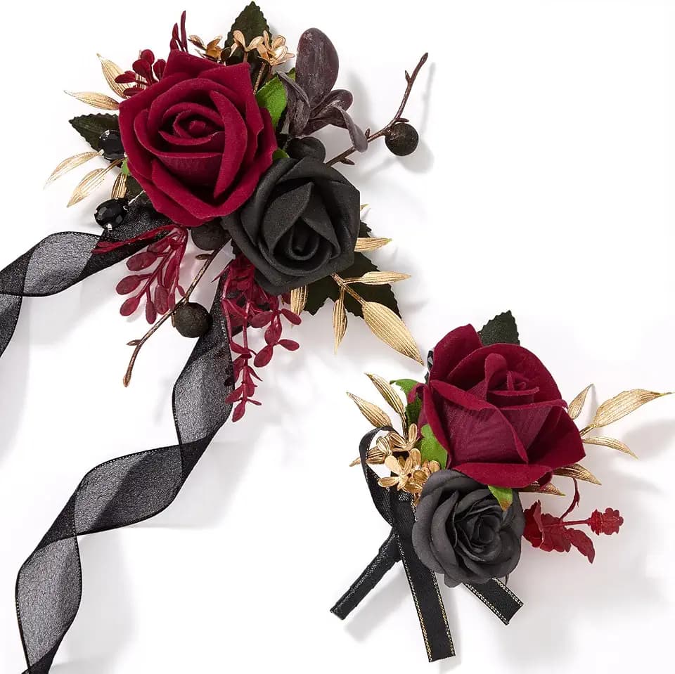 Alecono Burgundy Corsage and Boutonniere Set Red Black Rose Wristlet