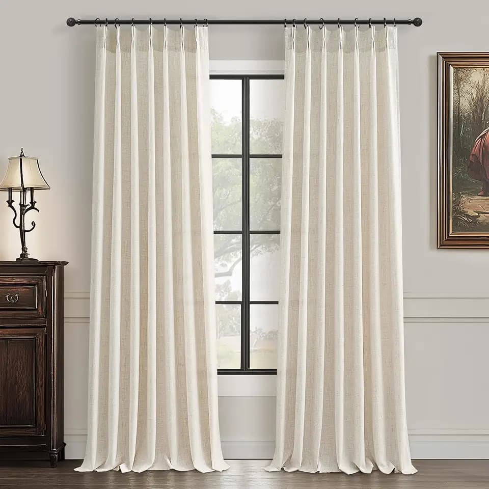 Pinch Pleated Semi Sheer 100 Inch Curtains, Pretty Neutral Cream Ivory Flax Linen Decorative Light Filtering Curtains & Drapes with Hooks Rings 2 Panels for Living Room Bedroom Birch 40"Wx100"L Inches