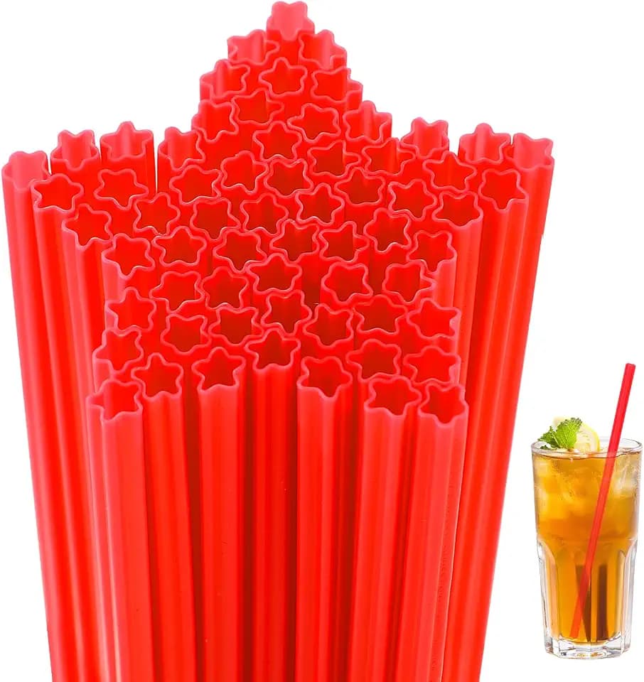 Potchen 100 Pcs Star Shaped Plastic Straws Disposable Drinking Straw Bulk for Birthday Cocktail Spring Party Daily Party Supplies (Red)