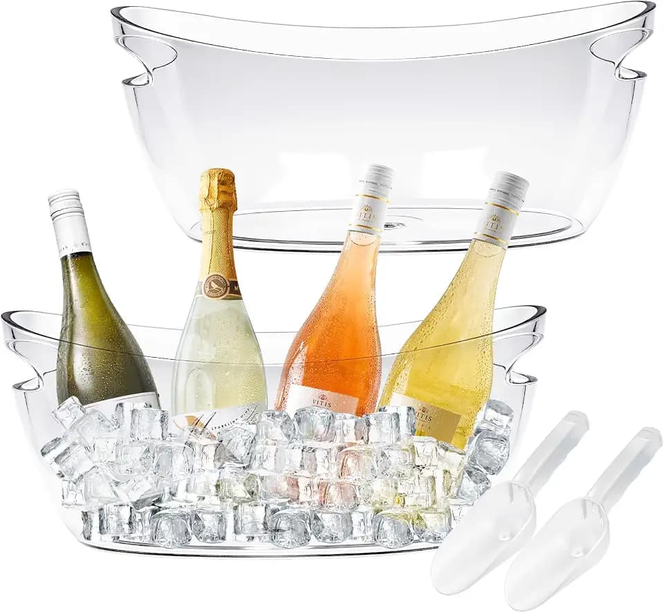 2 Pack Acrylic Tub Ice Buckets for Parties Portable Beverage Tub with Handles Champagne Bucket Metal Ice Buckets for Cocktail Bar with Ice Scoop (Clear)