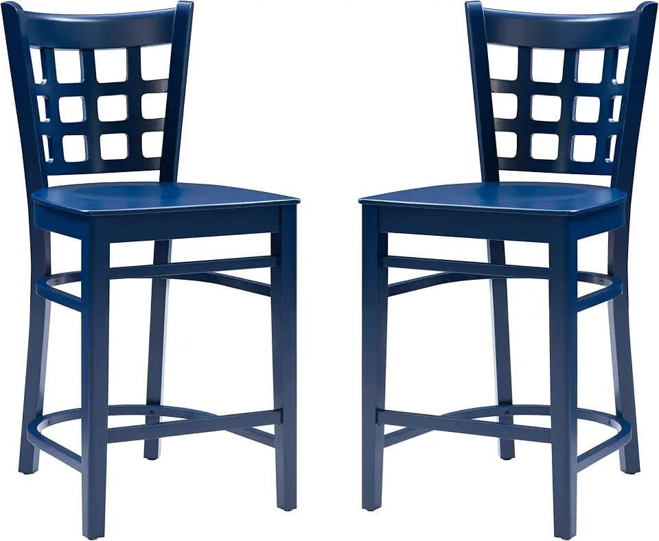 Linon Beale Navy Wooden 24 inch Seat Height Counter Stools, Set of 2 Fully Assembled