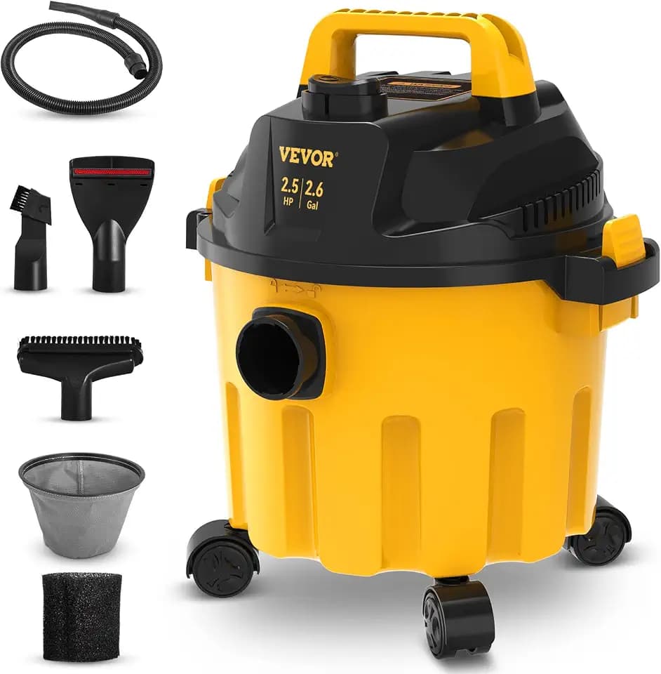 VEVOR 2.6 Gallon 2.5 Peak HP Wet and Dry Shop Vac, Portable Shop Vacuum and Blower 3-in-1 with Filter, Hose and Attachments for Home and Car Cleaning Black/Yellow