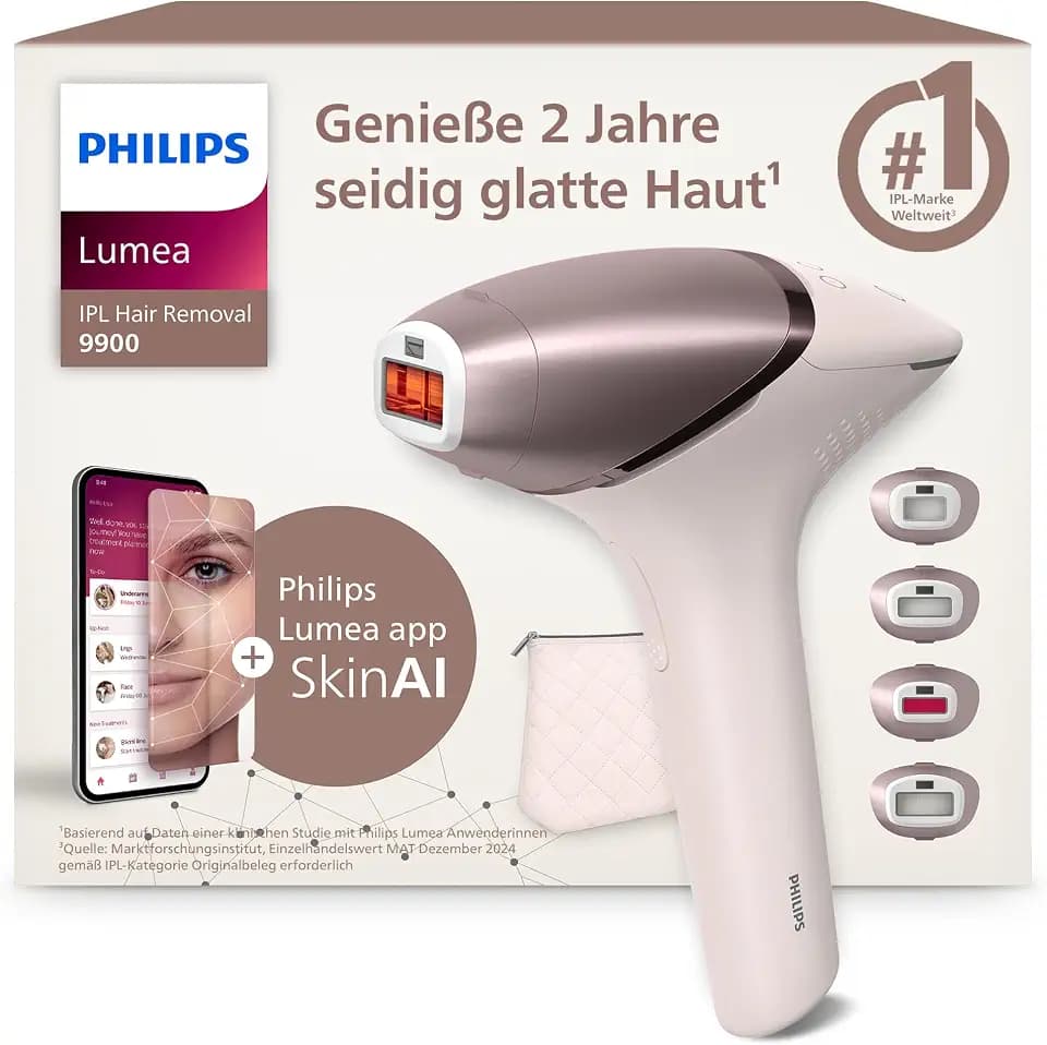 Philips Lumea IPL 9900 Series - IPL Geräte Haarentfernung für bis zu 2 Jahre seidig-glatte Haut¹ mit 4 Aufsätzen für Körper & Gesicht, kabellos, Alternative zur Laser-Haarentfernung (BRI951/00)