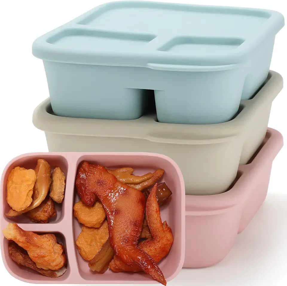 Teenyyou 3 Pack Bento Lunch Box 3 Compartments Silicone Leakproof with Lid