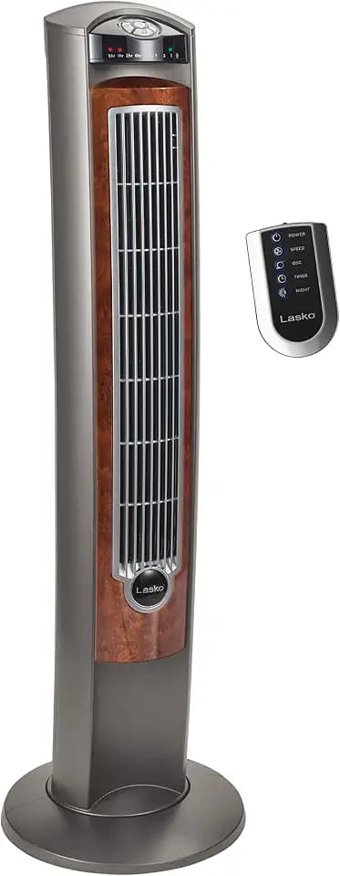 Lasko Oscillating Tower Fan with Remote - 42" Tall – Gray/Woodgrain