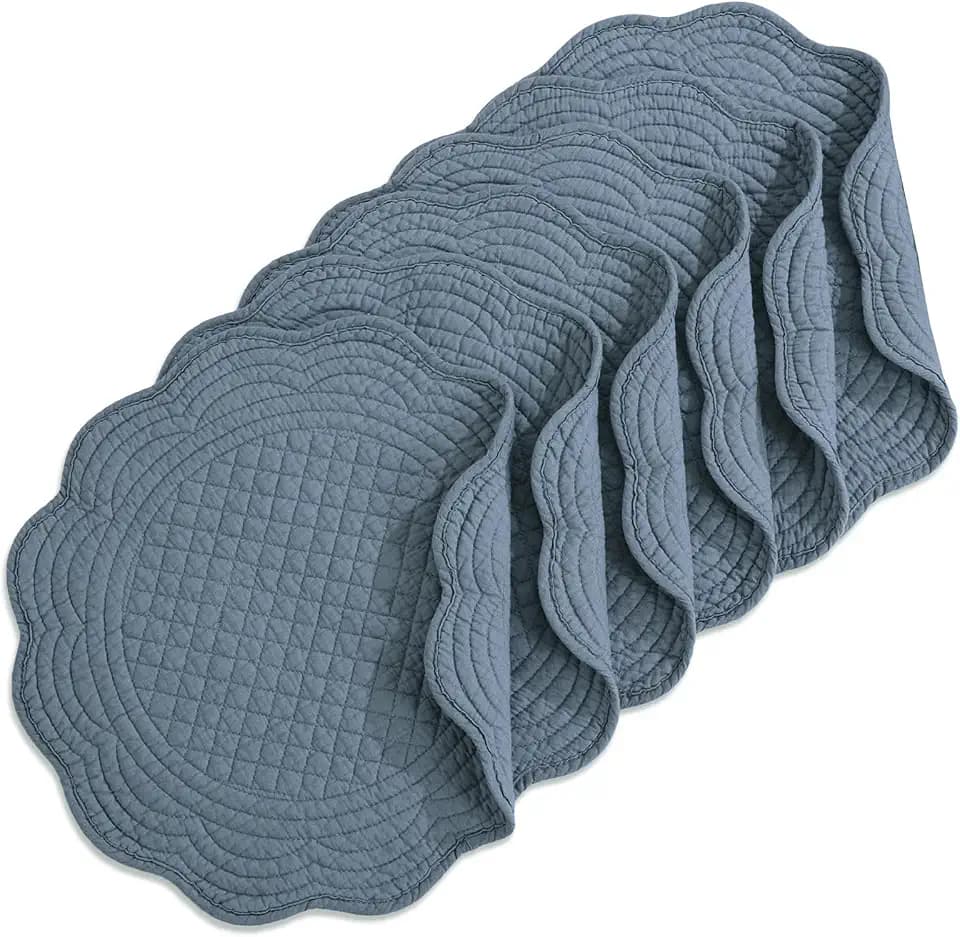 HOMBYS Quilted Placemats Set of 6 Washable Round Placemats for Kitchen Table-100% Cotton Fabric 14 Inch Round Table Mats, Cotton Fabric with Microfiber Filling, (14"x14", Blue)