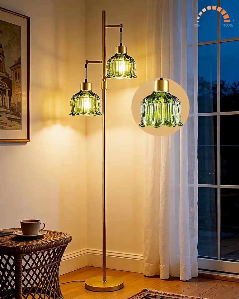 Lightdot Green Lotus Glass Floor Lamp 2-Light Dimmable Gold Floor Lamps