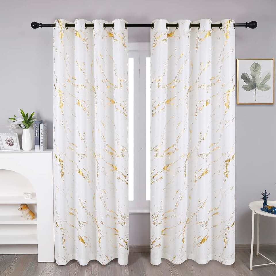 Taisier Home Gold Foil Print Linen Textured Curtains - Geometric Marble Pattern Design for Living Room - Light Filtering Window Treatment, 2 Panels, 95" L, Off White and Gold