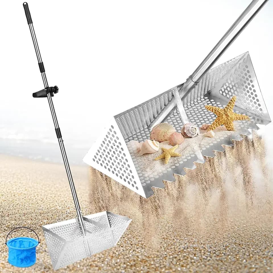 Edelstahl Strand Sandsieb, Strand Sandschaufel mit Muschelkorb, 133cm Einstellbar Sandschaufel Dreiteiliger Griff- 20×40 cm Korb, Sandschaufel Grabwerkzeuge (Silberweiß)