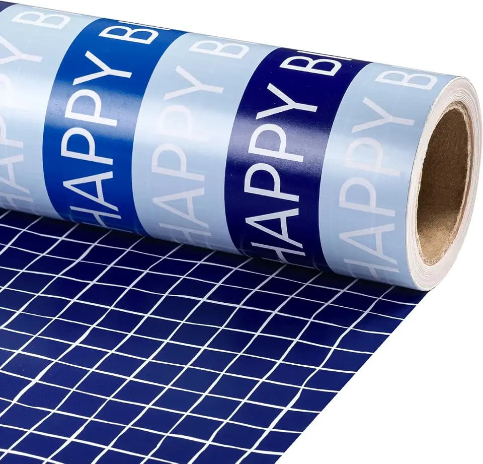 RUSPEPA 30" X 32.8' Reversible Birthday Wrapping Paper Large Paper Roll, Jumbo Roll, Blue Happy Birthday Stripe & Navy Grid Design Gift Wrap Paper for Boys, Kids, Men, Party, Celebration