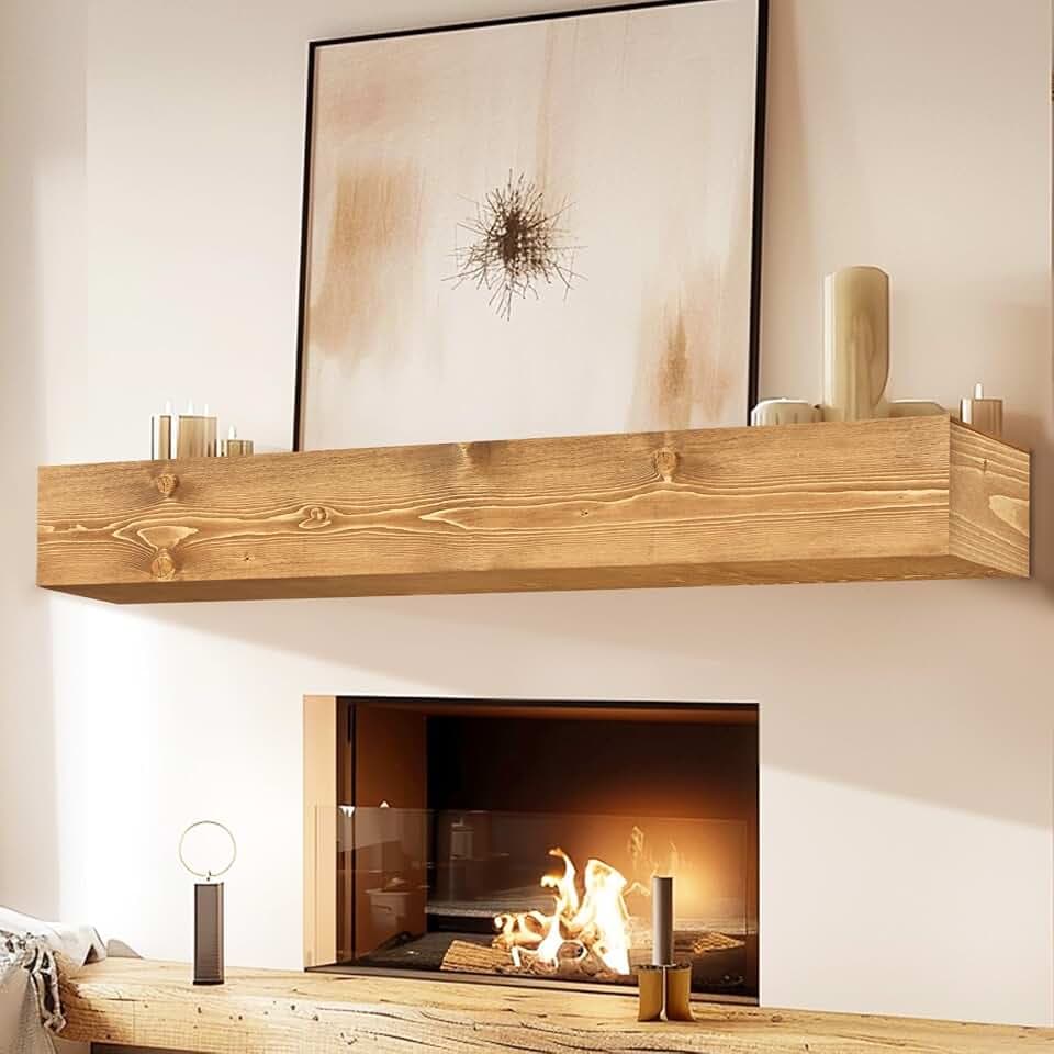60'' Fireplace Mantel, 6'' Thick Pine Wood Floating Shelf, Wood