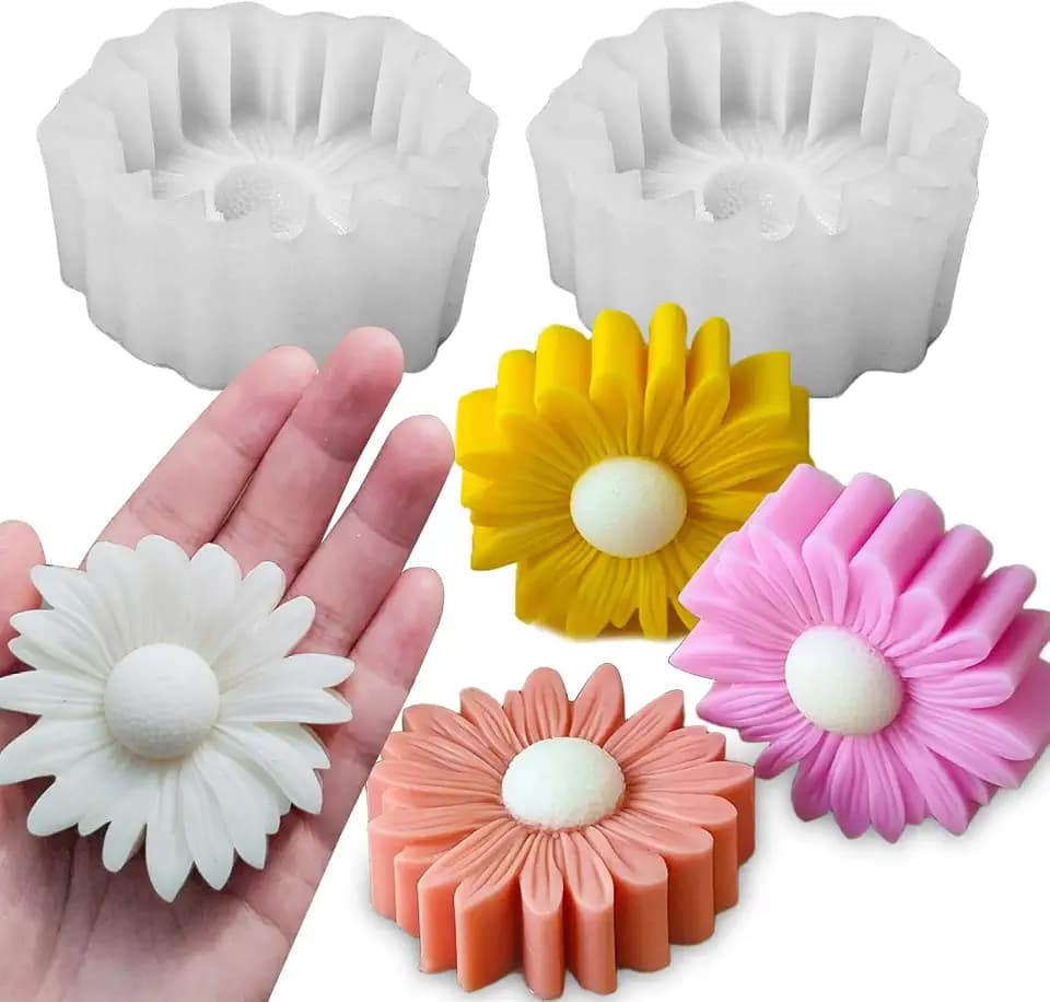 Wehous 2PCS Thick Daisy Flower Candle Molds for Candle Making Daisy Flower Silicone Fondant Chocolate Cake Decor Molds 3D Floral Resin Candle Soap Polymer Clay Mold DIY Art Craft Table Home Decor