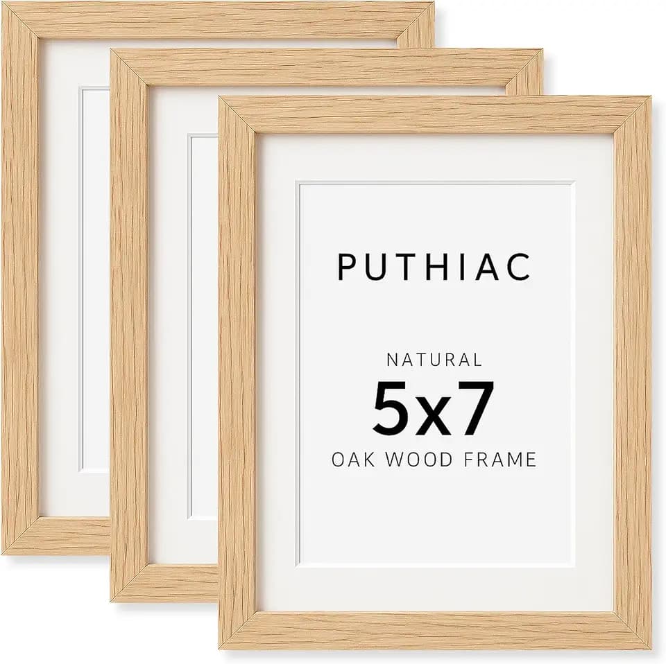 puthiac 5x7 Solid Oak Wood Picture Frames, Natural Oak, 3 Pack