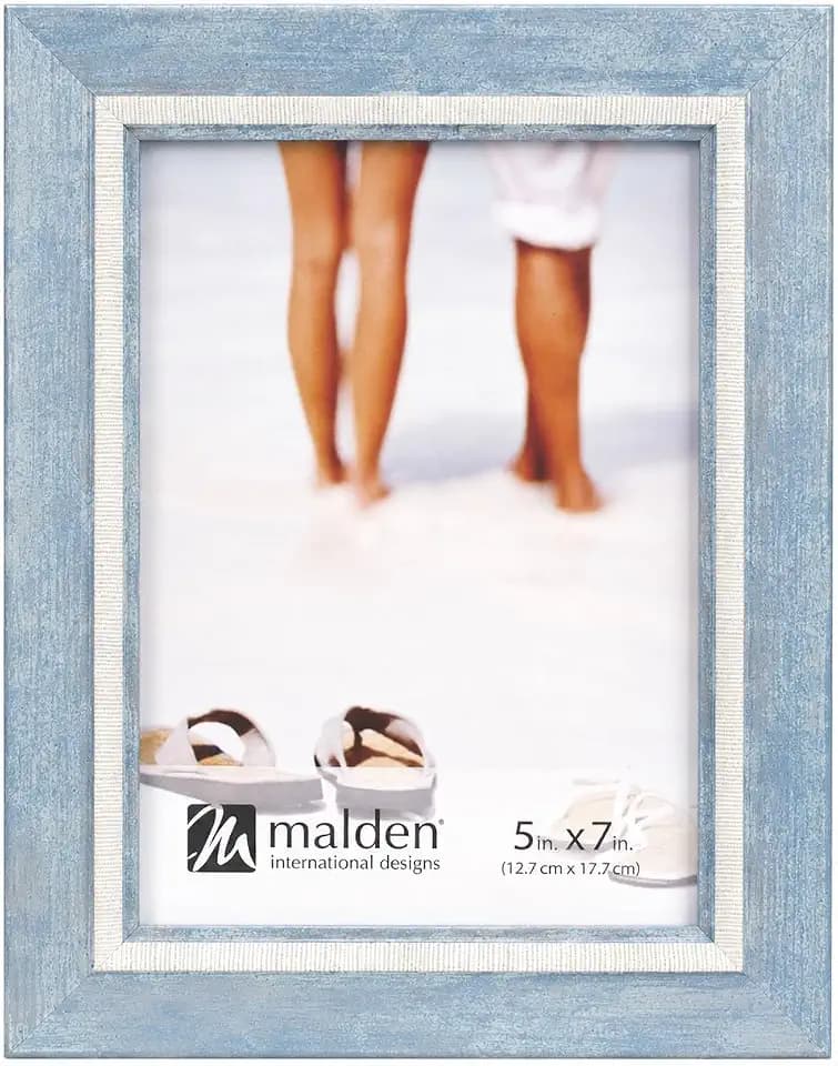 Malden International Designs 5x7 Picture Frame, Distressed Coastal Blue and White, Tabletop or Wall Display
