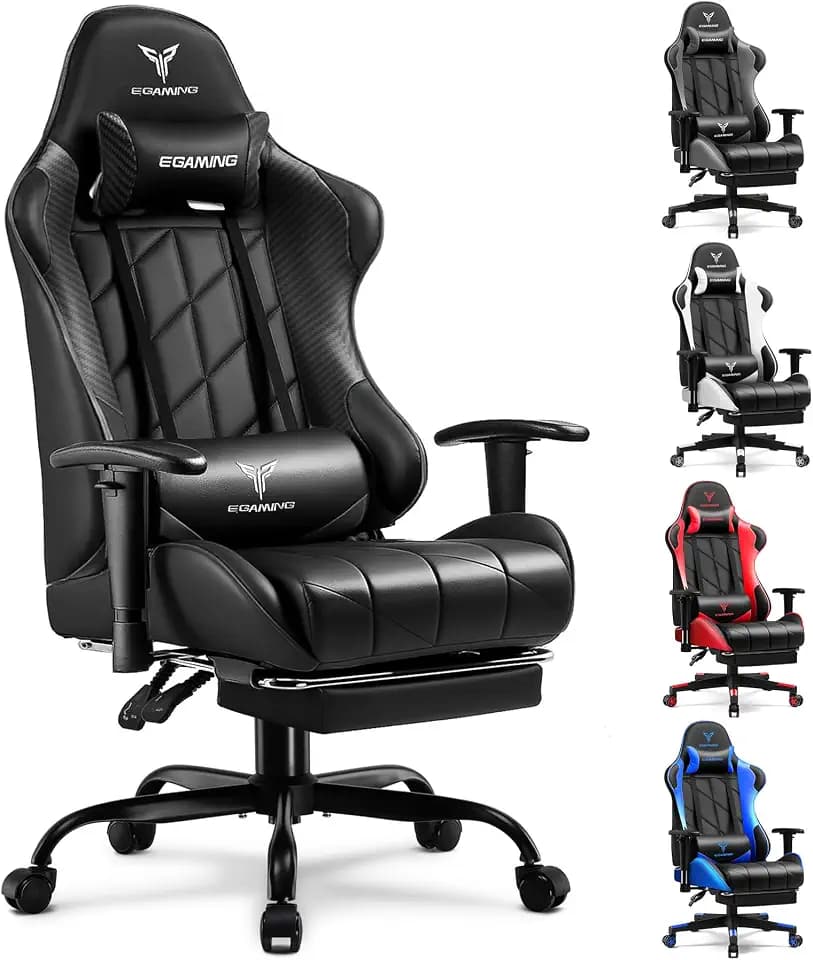 Gaming Chair with Footrest, Ergonomic High-Back PU Leather Computer Chair with 3D Adjustable Armrests, Headrest and Lumbar Support, Office Desk Chair with Diamond Stitching for Adults & Teen