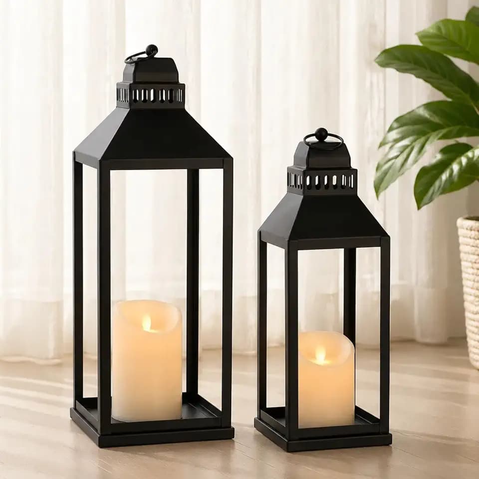 Decorative Lanterns Indoor Outdoor, 2Pcs 17" 13" Black Lantern with Candles