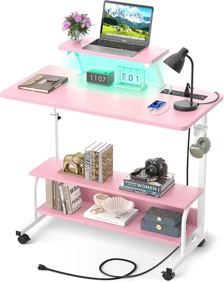Height Adjustable Standing Desk with Power Outlets and LED Lights - 32" Manual Stand Up Desk with Monitor Stand and Storage Shelves Small Mobile Rolling Computer Desk Portable Laptop Table, Pink