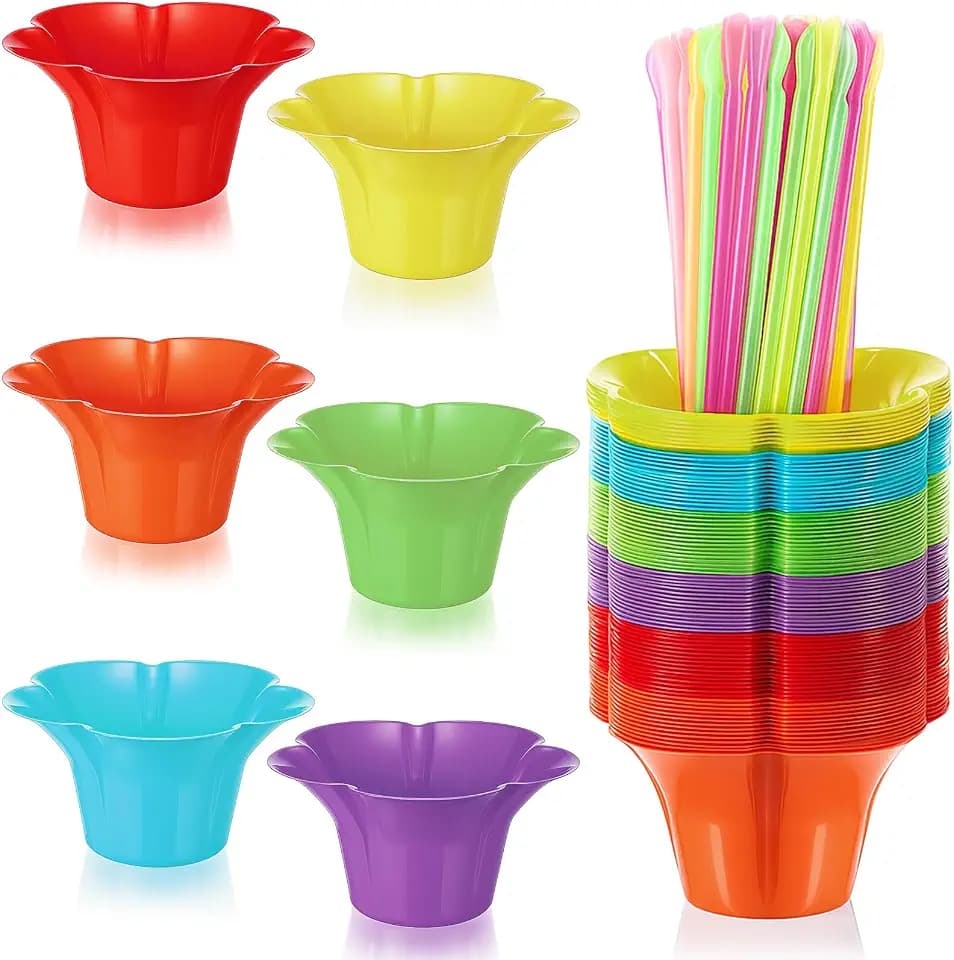Boao 200 Pcs 12 oz Colorful Snow Cone Cups with Spoon Straw, Reusable Bowl