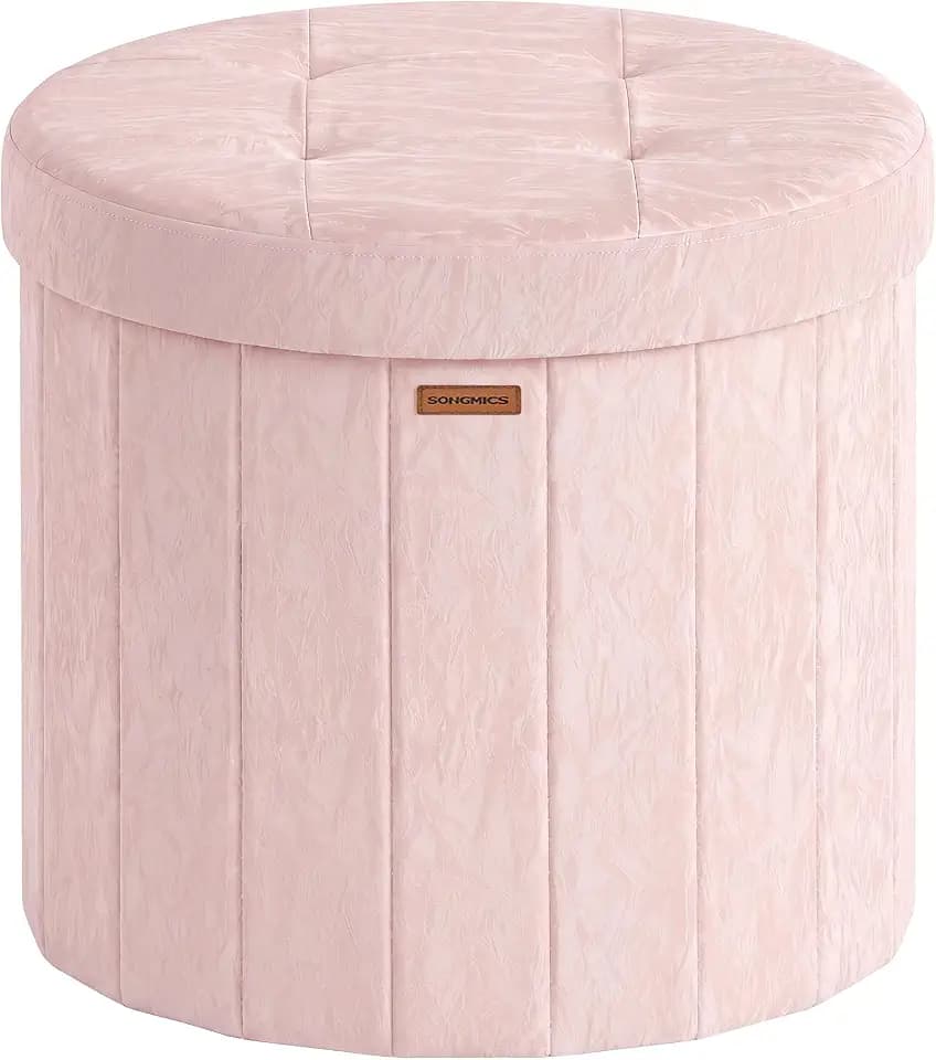 SONGMICS Storage Ottoman Round PU Vanity Stool, 18.5 x 18.5 x 17.7 Inch