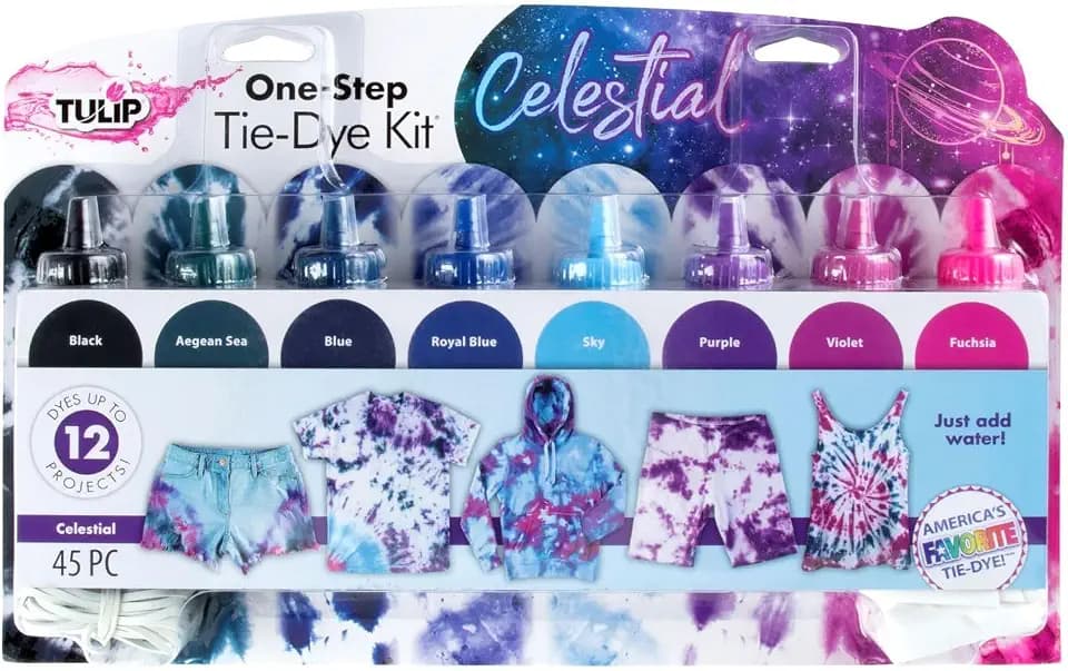 Tulip One-Step Tie-Dye Kit Celestial, Large Party Activity, Permanent Fabric Dye, Vibrant Galaxy Color Palette: Purple, Pink, Blue, Black, Easy Clean-up, 8 Fun Techniques Included, 8 Full Size Bottles