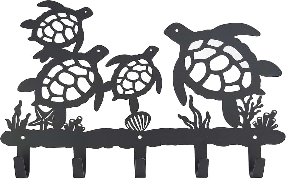Metal Sea Turtle Coat Hooks Wall Mount-Sea Turtle Hangers and Key Holder-Clothes Hat Rack and Backpack Hanger Decor for Storage, Living Room, Hallway, Office Gift (Black)